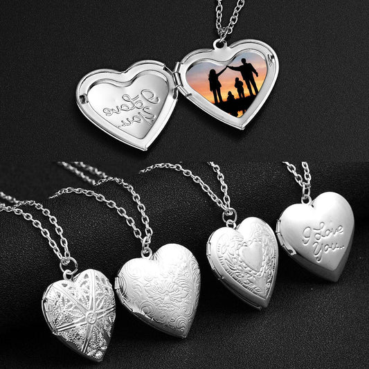 Carved Design Love Necklace Personalized Heart-shaped Photo Frame Pendant Necklace For Women Family Jewelry For Valentine's Day - Velora