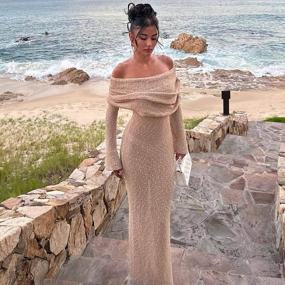New One-shoulder Knitted Long-sleeved Dress Sexy Beach Holiday Long Dresses Womens Clothing - Velora