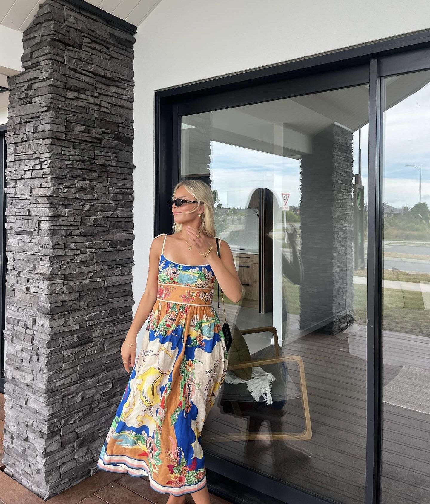 Elegant Ladies Spaghetti strap Vacation Resort Boho Floral Summer Maxi dress - Velora