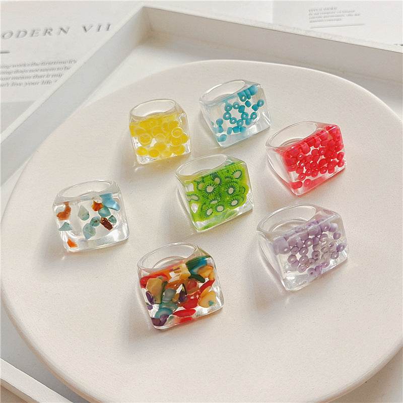 New Transparent Resin Ring Fruit Square Ring Acrylic Ring - Velora