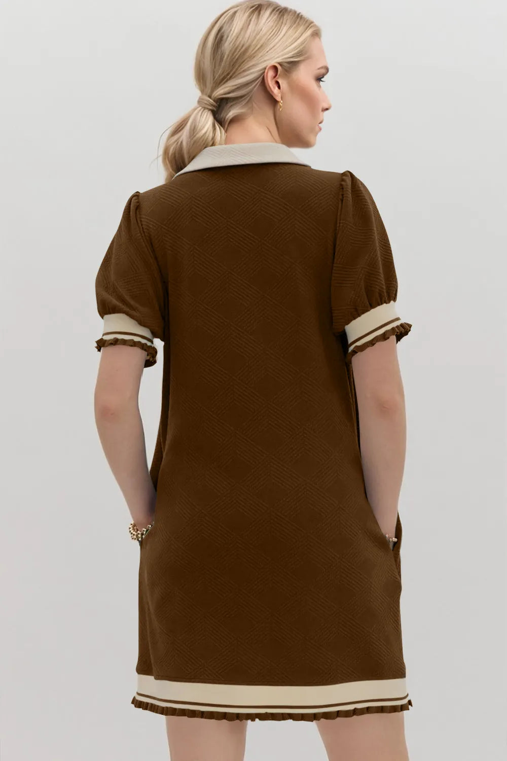 Oh Frill Contrast Trim Johnny Collar Short Sleeve Mini Dress - Velora