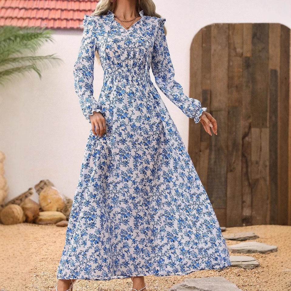 Elegant ladies Spring And Autumn Long Sleeve Floral maxi Dress - Velora