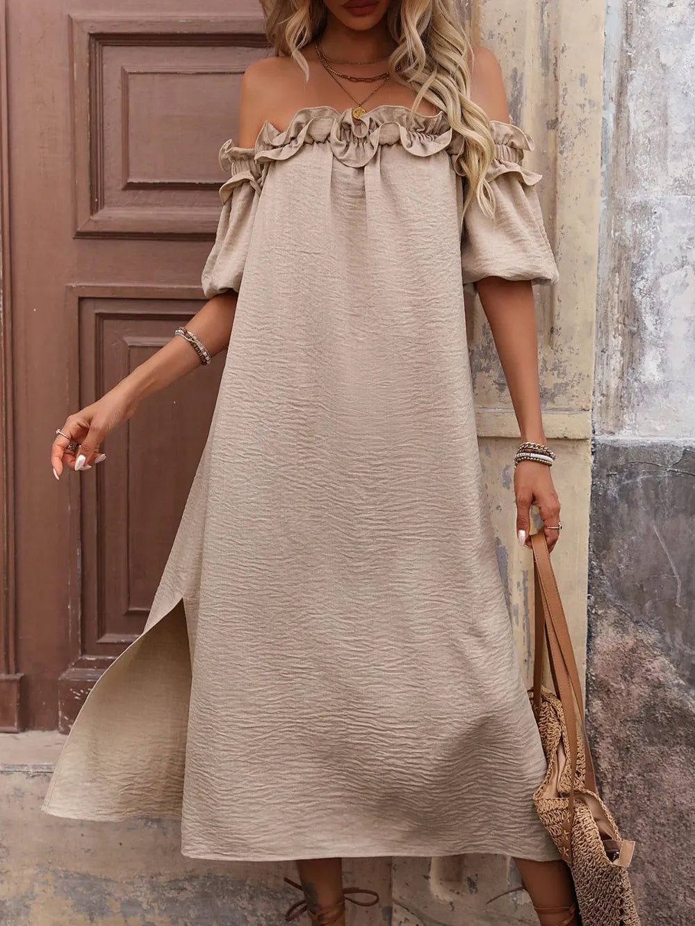 Ruffled Off-Shoulder Puff Sleeve Midi Dress - Velora