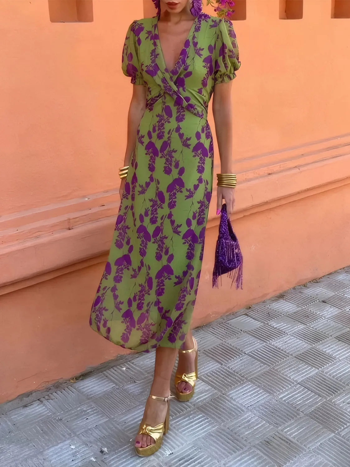Printed Plunge Short Sleeve Midi Dress - Velora