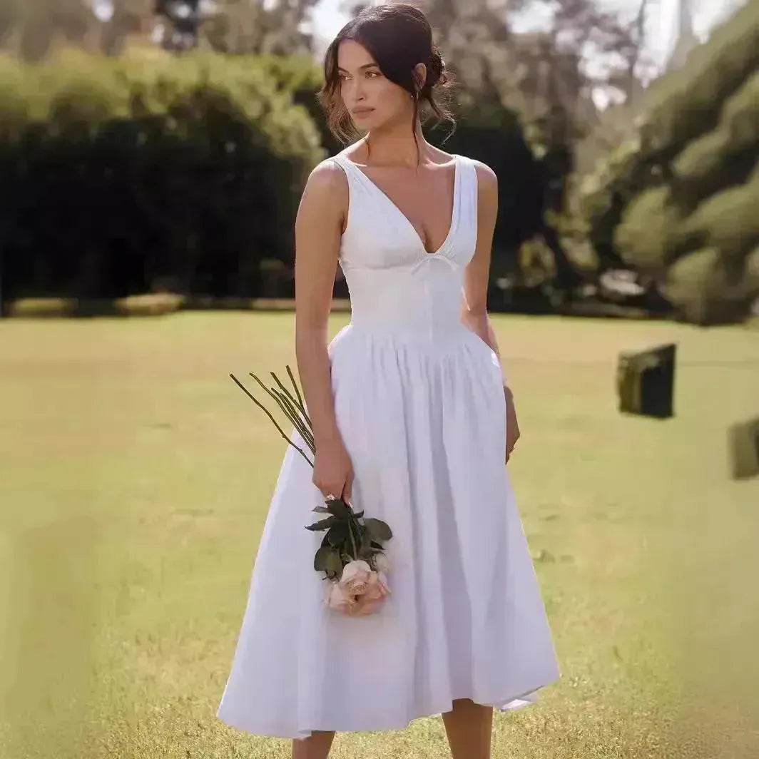 Women's Summer French Seaside Vacation Waist-tight Temperament Midi Skater Dress - Velora