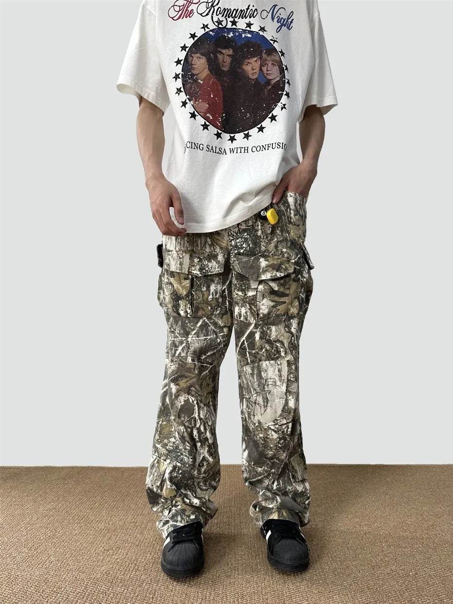 Loose Straight Tree Worn Looking Washed-out Camouflage Printed Cargo pant Men - Velora