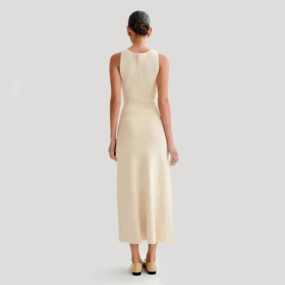 Elegant Knitted Sleeveless Dress With Single Breast Fashion Slim Round Neck Long Dresses Womens Clothing - Velora