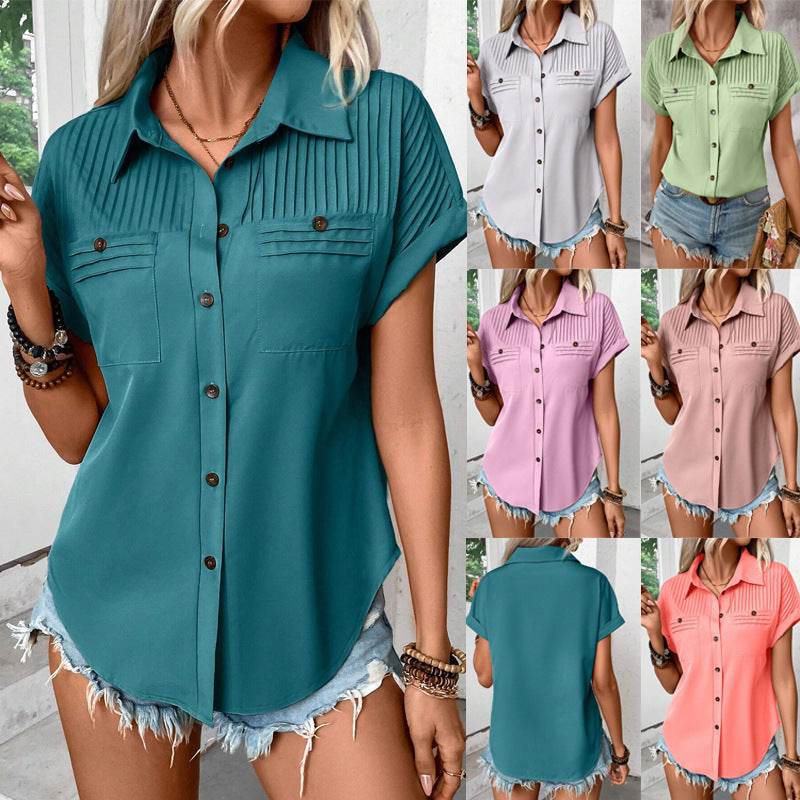Lapel Shoulder Pleated Pocket Short Sleeve Top Shirt T-shirt Women - Velora