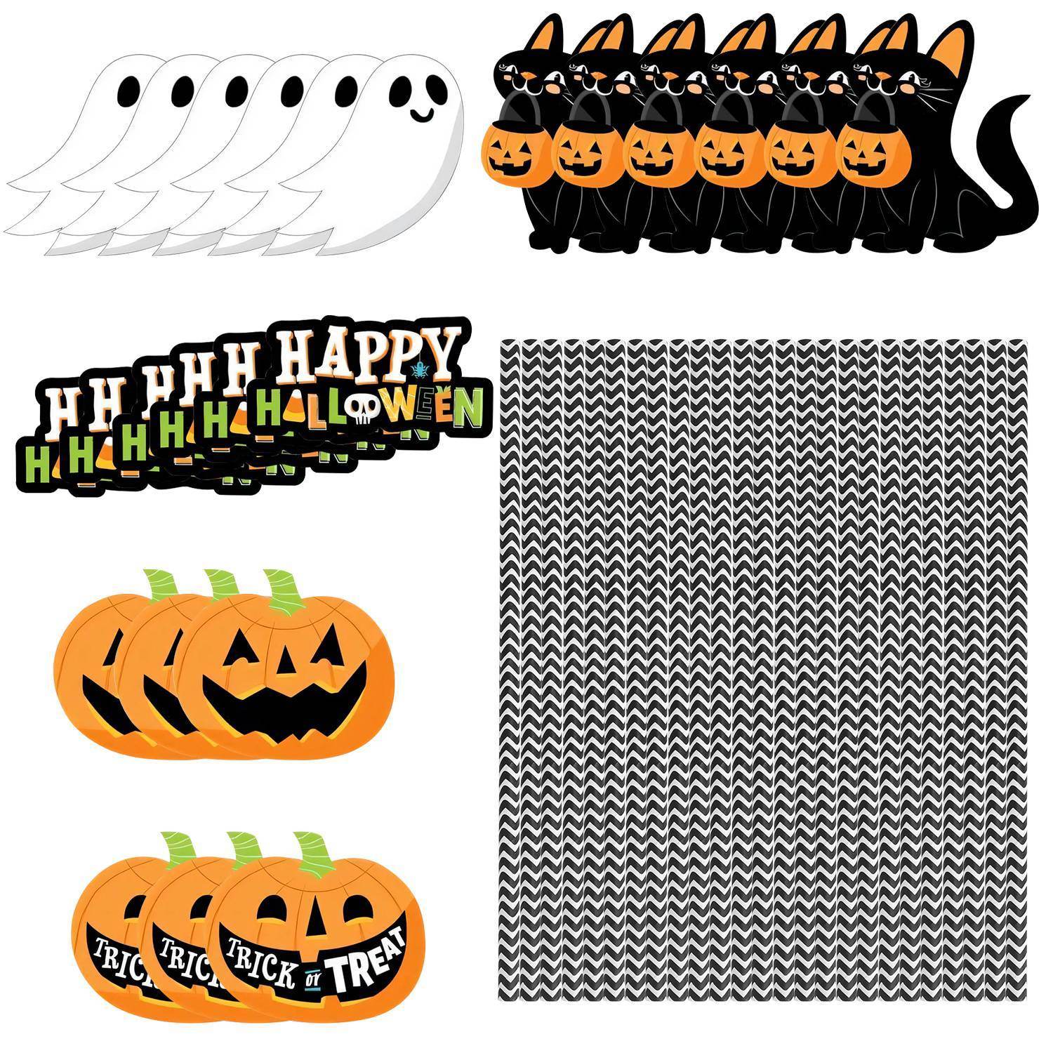 Set Of 25Pcs Halloween Party Striped Decorative Straws Disposable Drinking Straws Paper Straw Decor Happy Halloween Ghost Lantern Black Cat Halloween Party Supplies - Velora