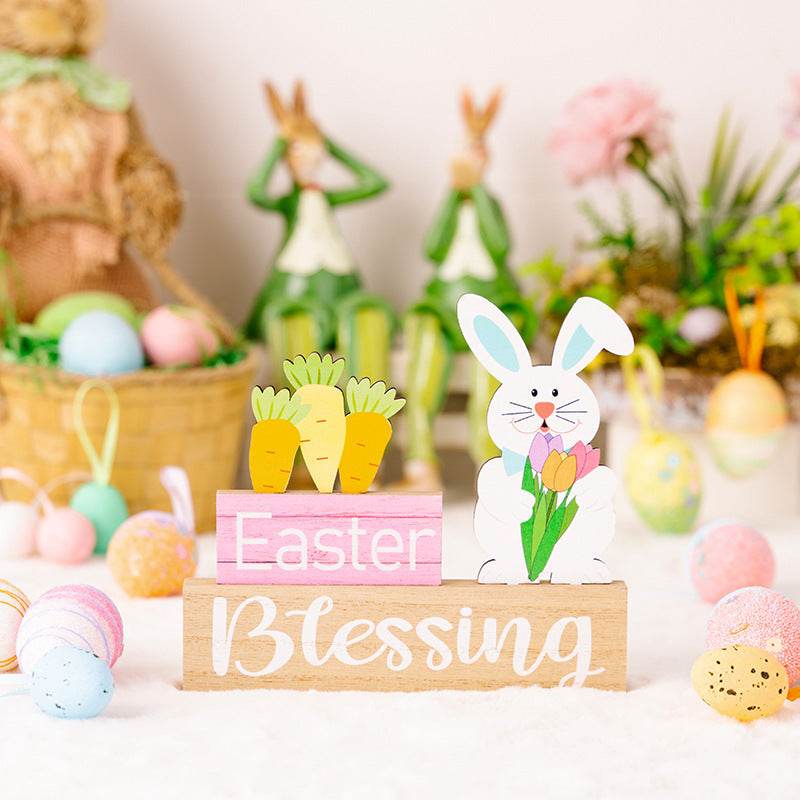 Easter Supplies Easter Rabbit Holding Flower Wooden Decoration - Velora