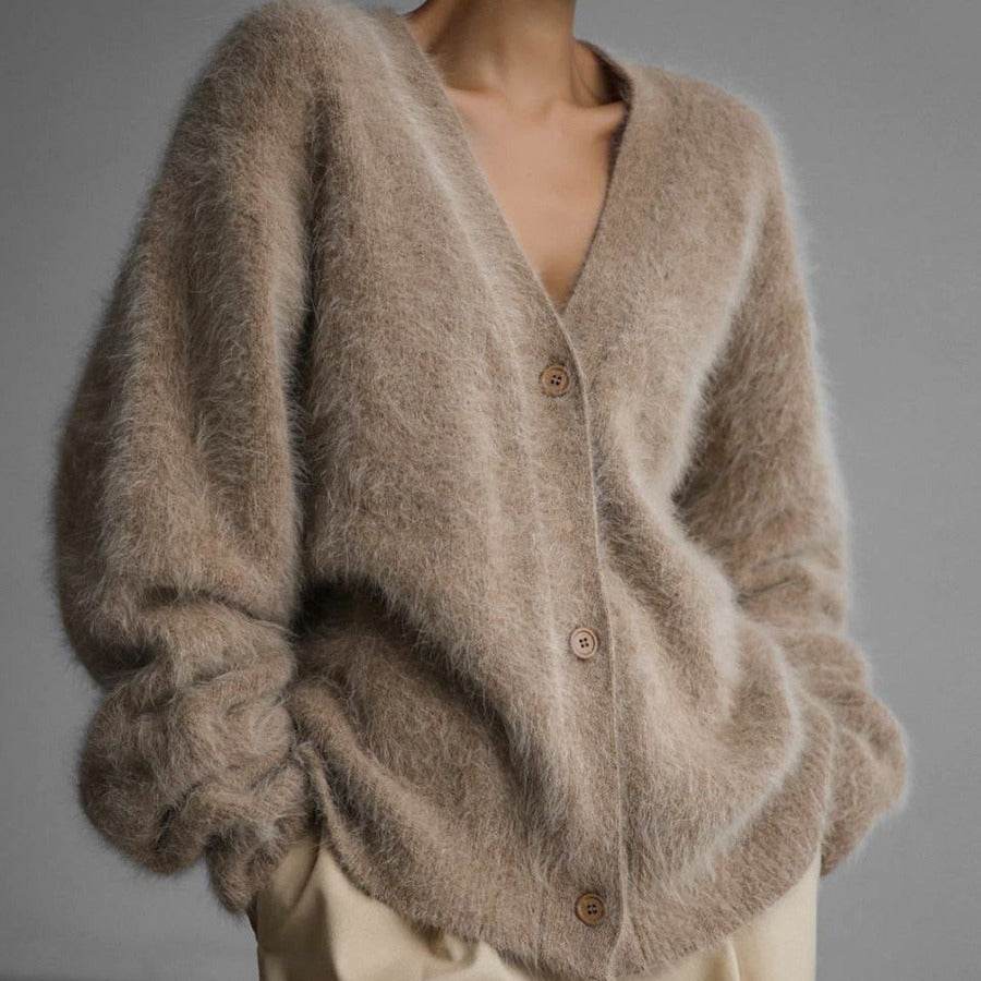 Loose V-neck Button Cardigan Fall Winter Fashion Single Breasted Knitted Sweater Top Women's Clothing - Velora
