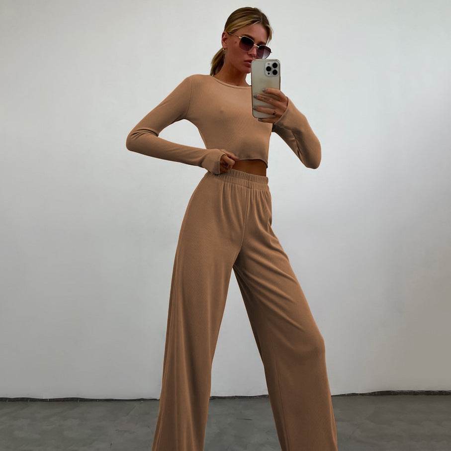 Women's Long Sleeve Fashion Sunken Stripe Trousers Two-piece Set - Velora