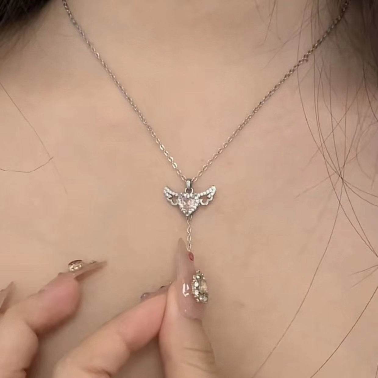Moving Cupid Heart Angel Wings Tassel Necklace With Crystal Clavicle Chain Women Jewelry Gift Valentine's Day - Velora