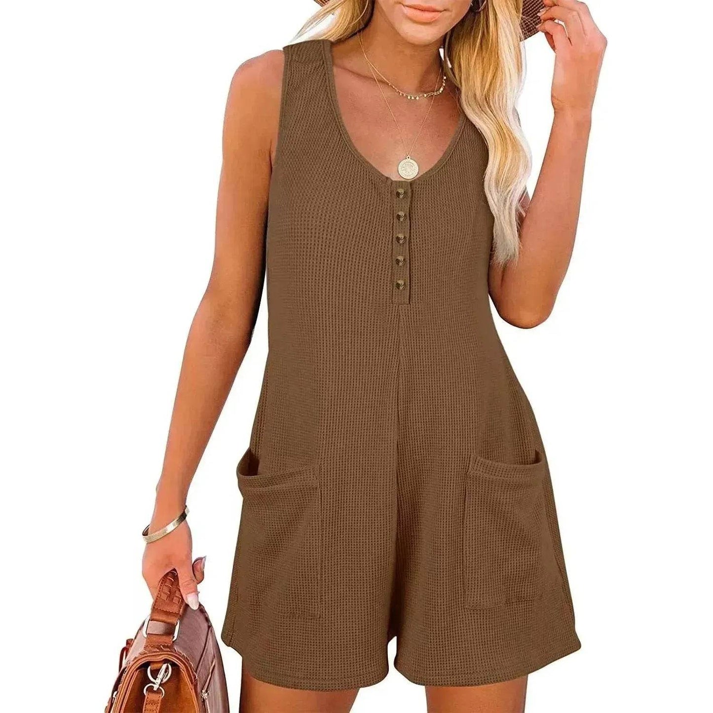 Casual Waffle Button Jumpsuit With Pockets Fashion Summer Beach Straight Shorts Overall Pants Womens Clothing - Velora