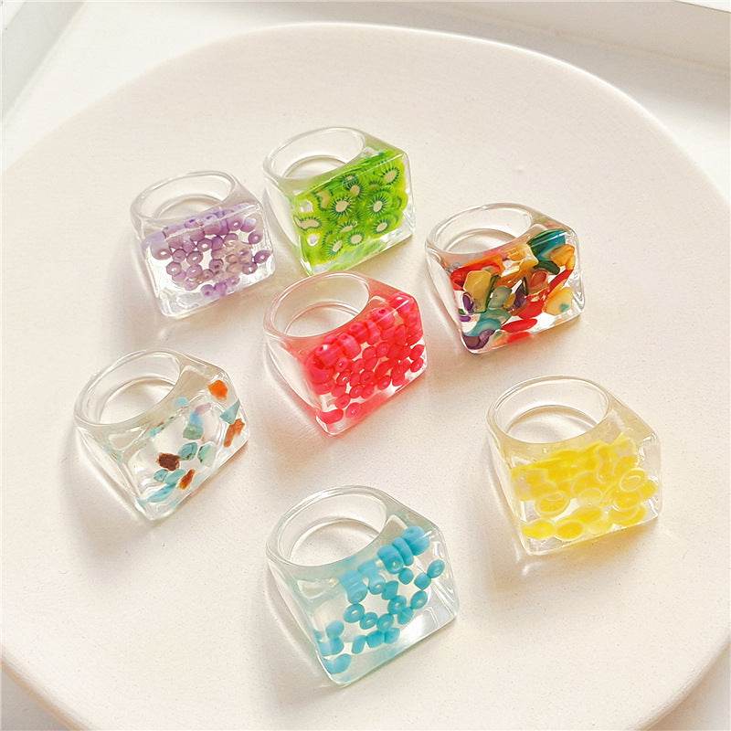 New Transparent Resin Ring Fruit Square Ring Acrylic Ring - Velora