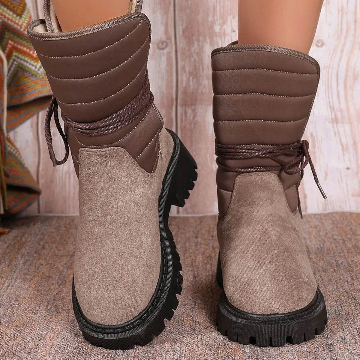 Fashion Mid-calf Snow Boots With Lace-up Design Winter Warm Thickened Low-heeled Boot Women's Casual Shoes Outdoor - Velora