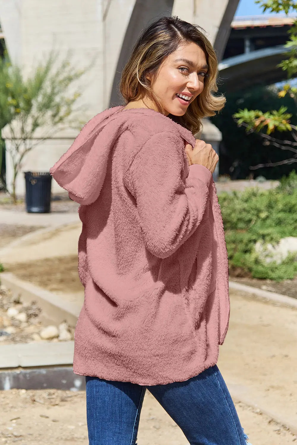 Full Size Teddy Hooded Jacket with Pockets - Velora