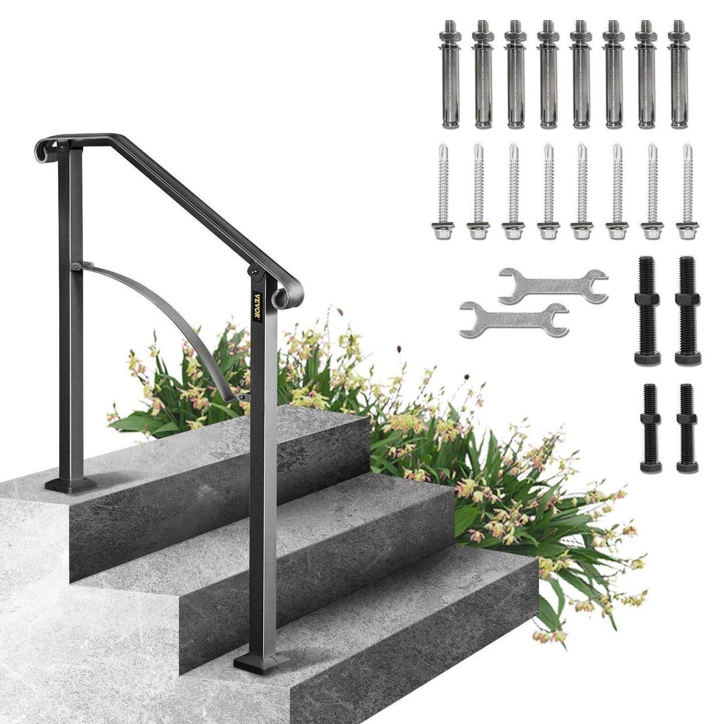 Handrails For Outdoor Steps, Fit 2 Or 3 Steps Outdoor Stair Railing, Arch 2 Wrought Iron Handrail, Flexible Porch Railing, Black Transitional Handrails For Concrete Steps Or Wooden Stairs - Velora