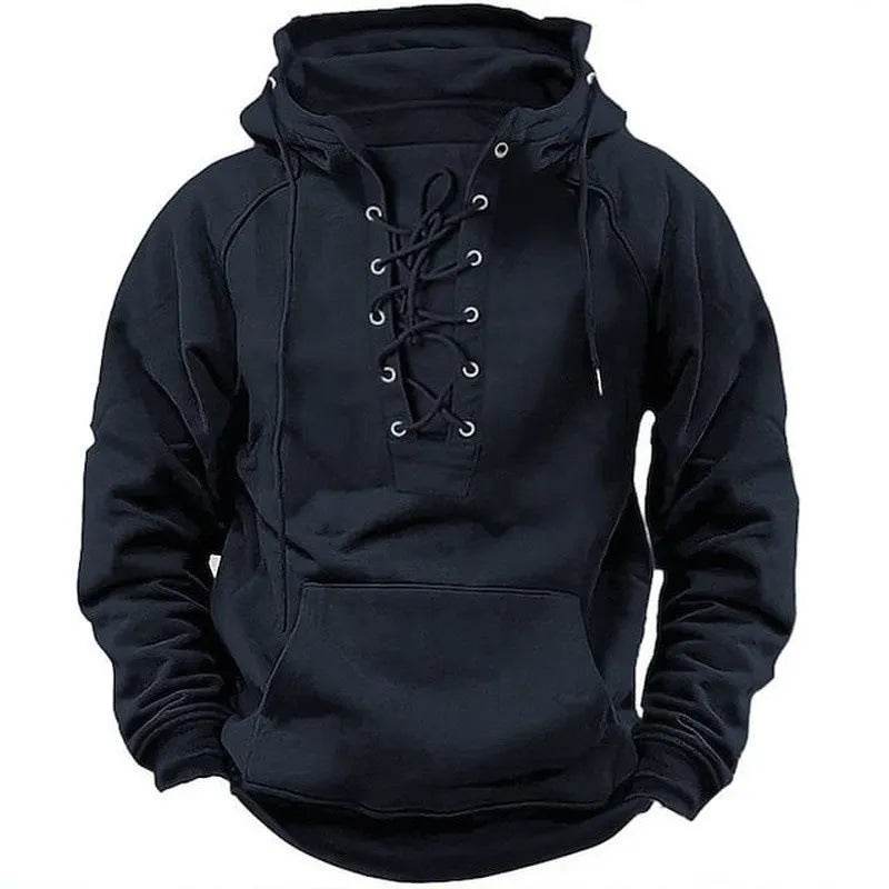 Men's Outdoor Retro Lace-up Hooded Long-sleeved T-shirt Casual Pullover top sweatshirt - Velora