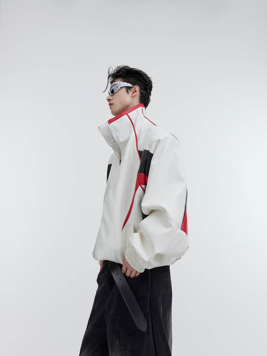 Retro Contrasting Color Patchwork Standing Collar PU Jacket - Velora