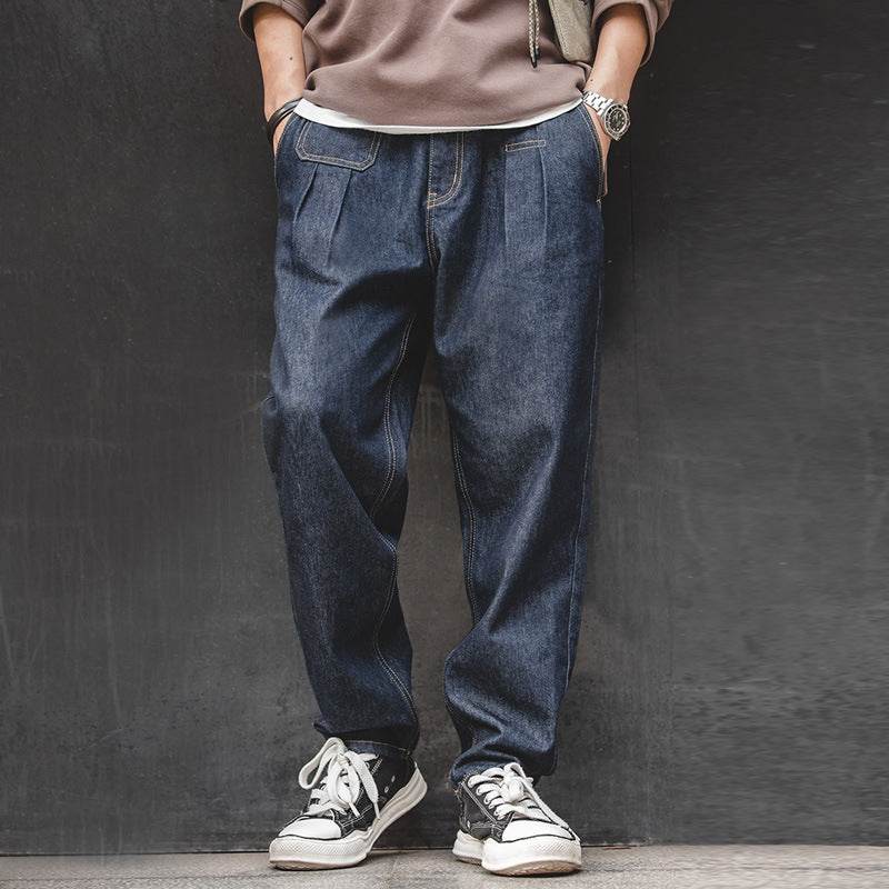 Vintage Denim Washed Elastic Waist Loose Jeans Cityboy Wide Leg Tapered Pants Men - Velora