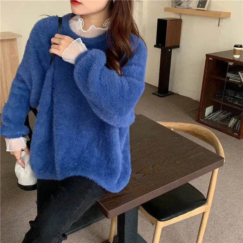 Autumn Winter Mink-like Wool Thick Plush Pullover Sweater for Women - Velora
