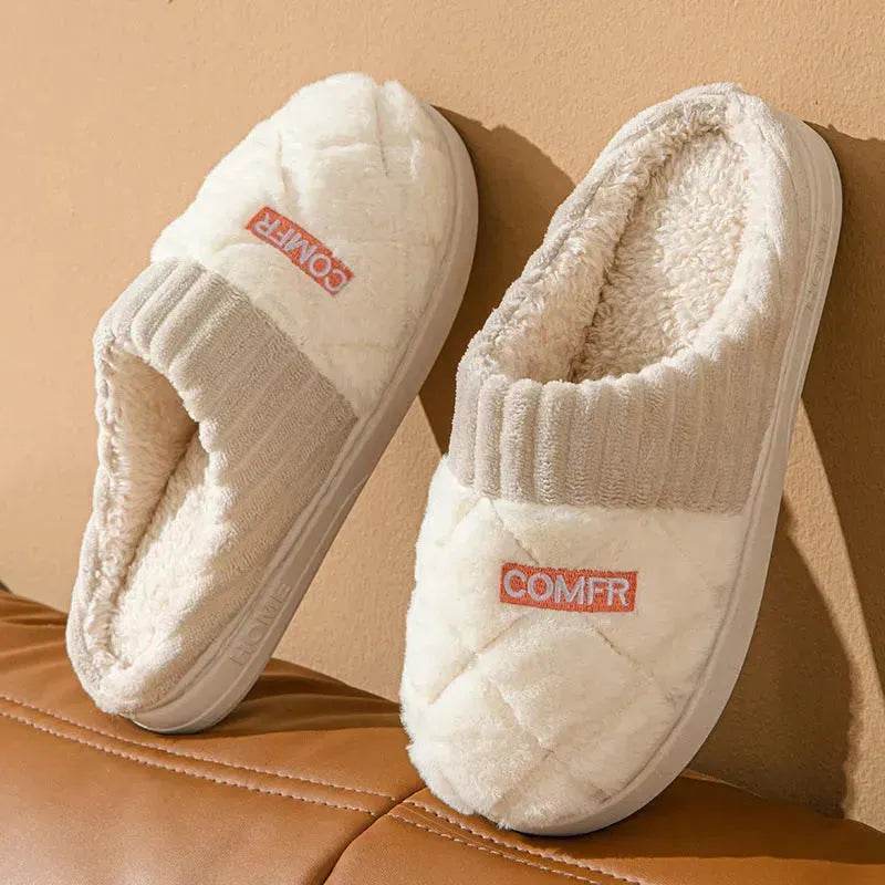 Solid Rhombic Letter Home Slippers Winter Warm Non-slip Floor Bedroom Plush Slipper For Couple House Shoes Women Men - Velora