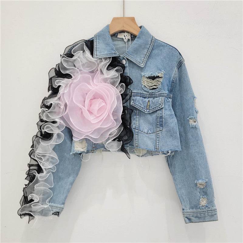 Elegant women fashion embroidered cropped Ripped blue Denim Jacket - Velora