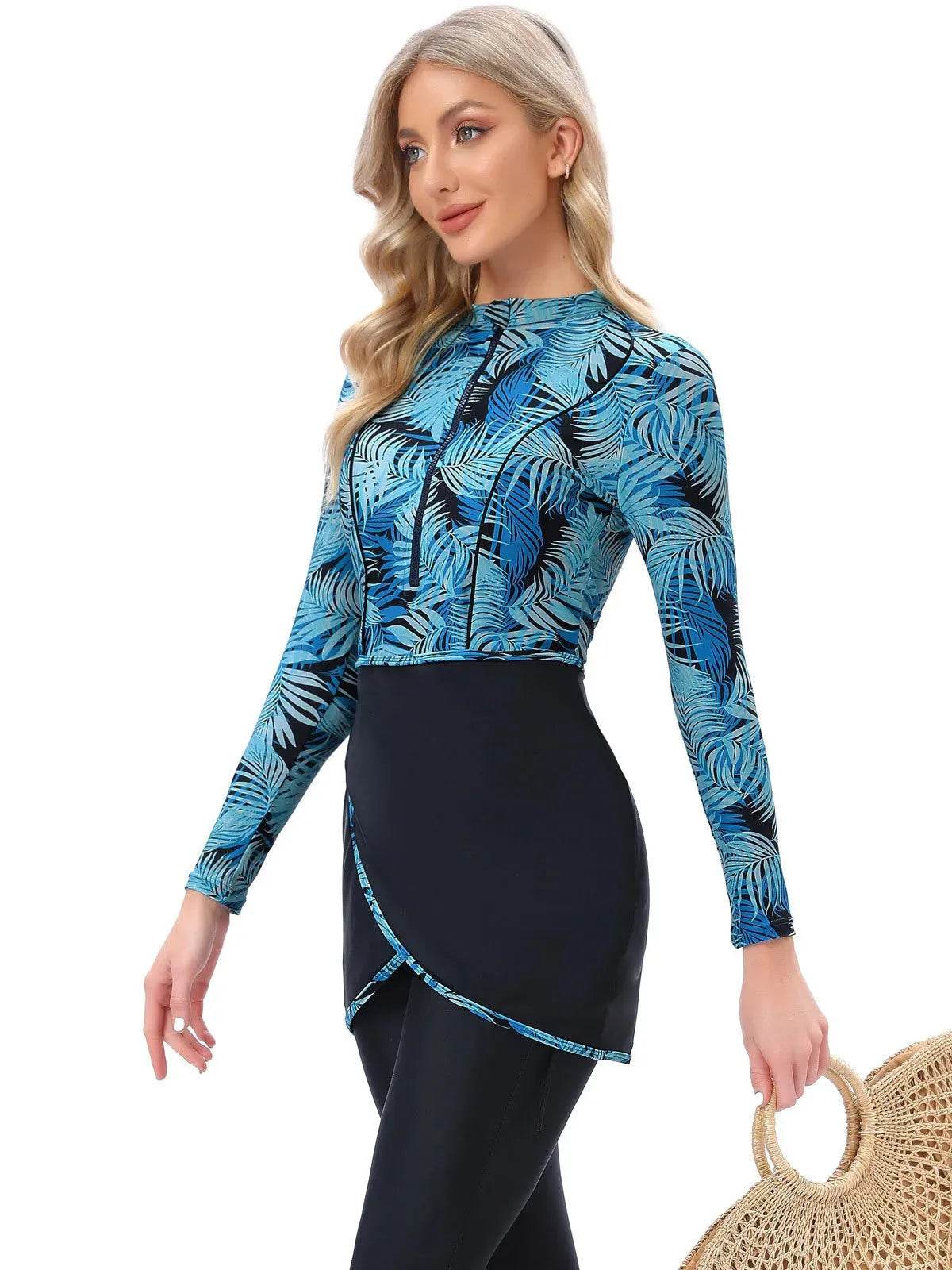 Long Sleeve Zipper ArabSwimsuit With Hat Chest Pad 3 Piece Conservative - Velora