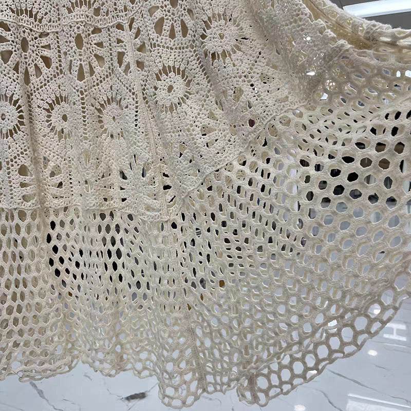 Spring Summer Crochet Lace Patchwork A- Line Beach Skirt Holiday Style Hollow-out flared flowy Maxi Skirt - Velora