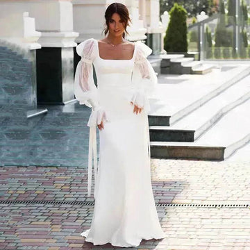 Women's Ruffled Long Sleeve Banquet Temperament High Waist Mop White Wedding  Party Fish Tail Styled  Dress Mermaid Dress