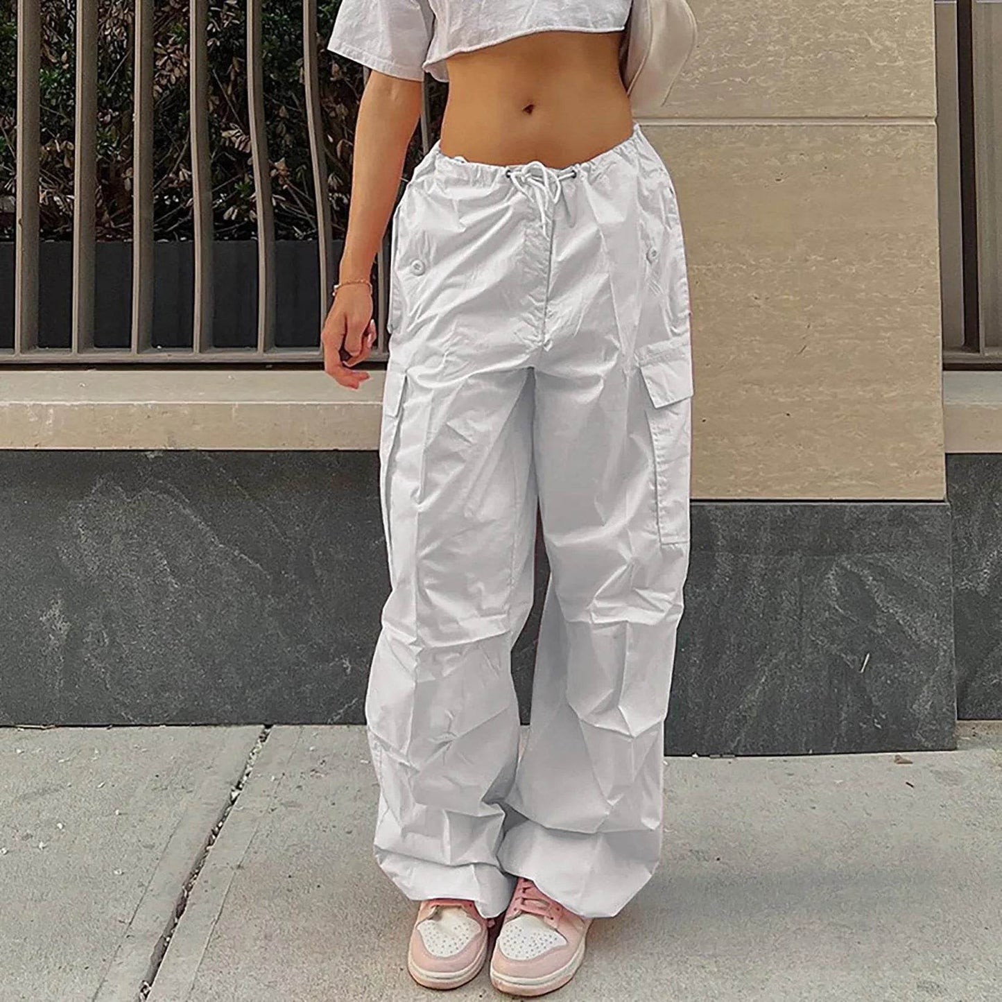 Casual Cargo Pants For Women Solid Color Drawstring Pocket Design Fashion Street Trousers Girls - Velora