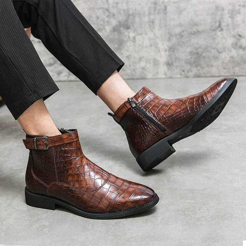 Men's Crocodile Pattern Boots Fashion Pointed Toe Low Square Heel Buckle Zipper Ankle Boots Business Formal Leather Shoes - Velora