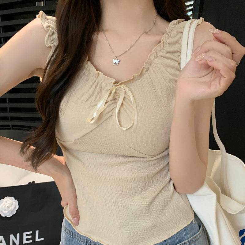 Camisole Wooden Ear Bow Flounce Trim Lace Up Vest For Women - Velora