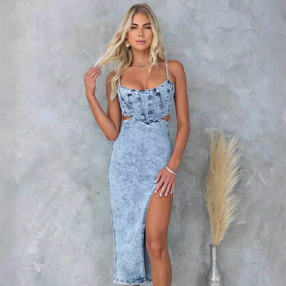 Women's Fashion Personalized Sleeveless Sling Denim Split Midi fitted Dress - Velora
