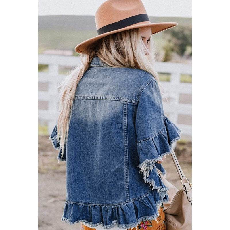Loose Denim Jacket with Ruffled Sleeves Casual Cotton Style - Velora