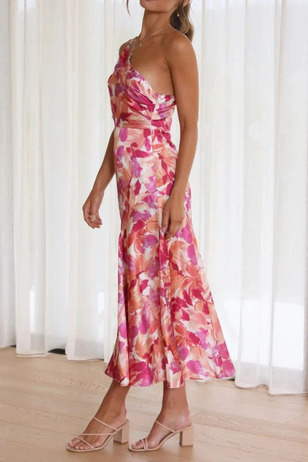 Ruched Printed Single Shoulder Midi Dress - Velora