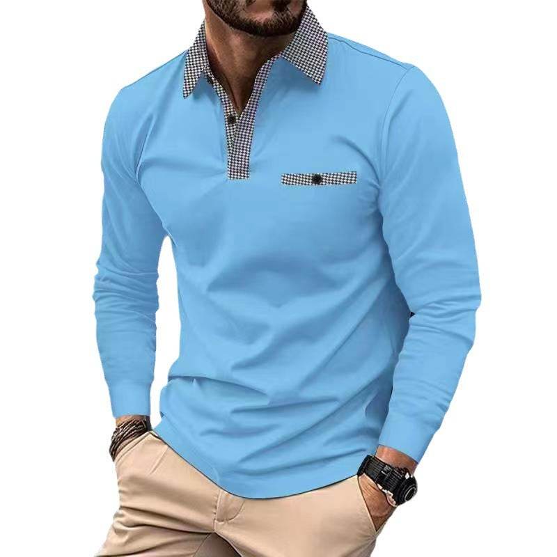 Leisure Plaid Lapel Polo Shirt Fashion Solid Color Long Sleeve Tops Men's Clothing - Velora