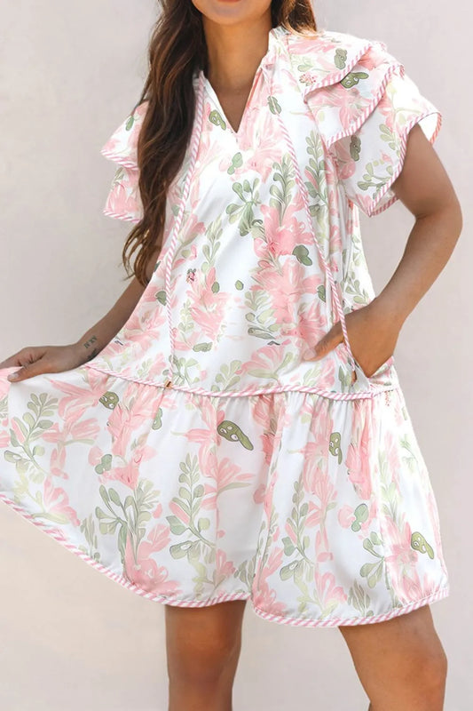 Floral Contrast Edge Layered Short Sleeve Mini Dress - Velora