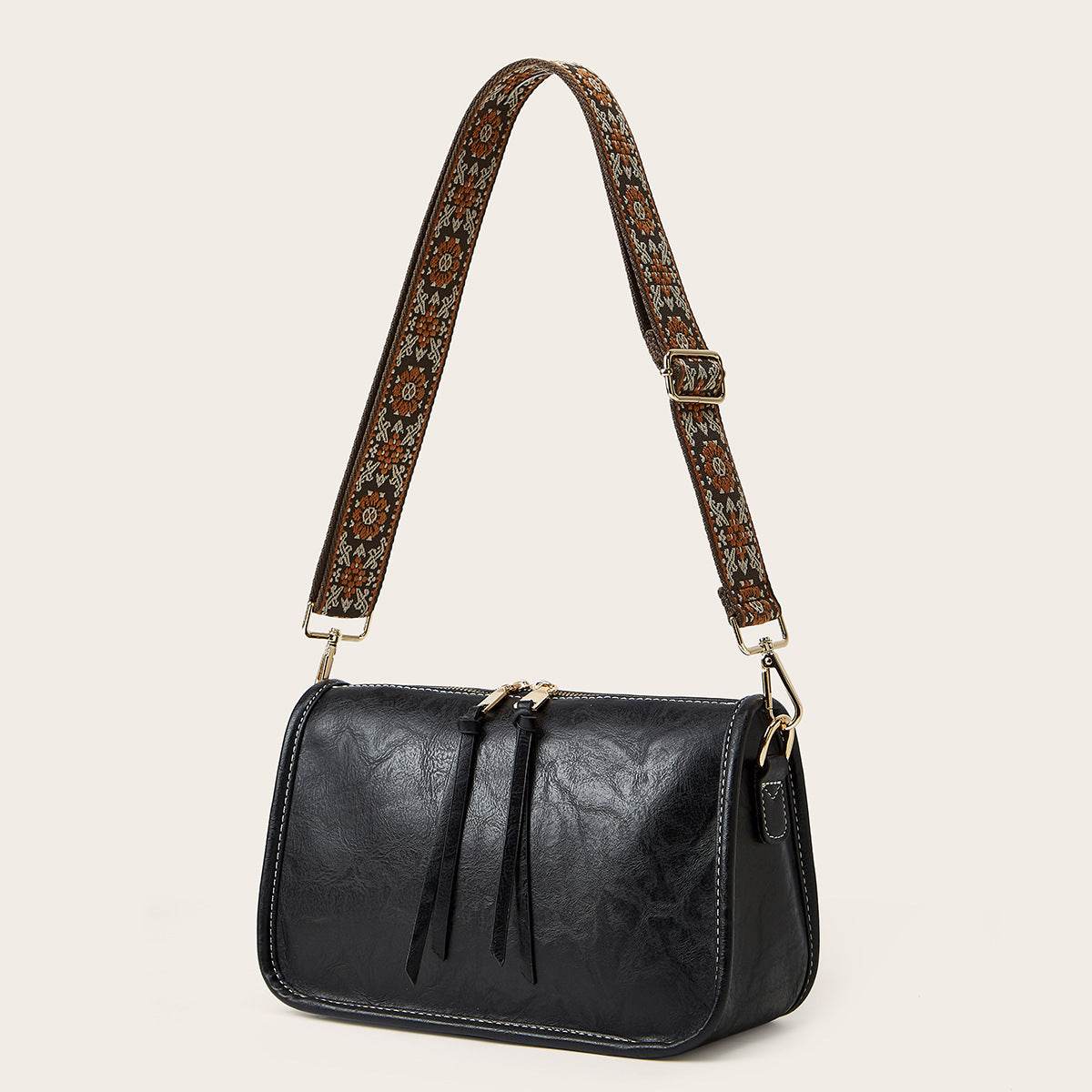 Women's Bohemian Wide Shoulder Strap Crossbody Retro Solid Color Tote - Velora