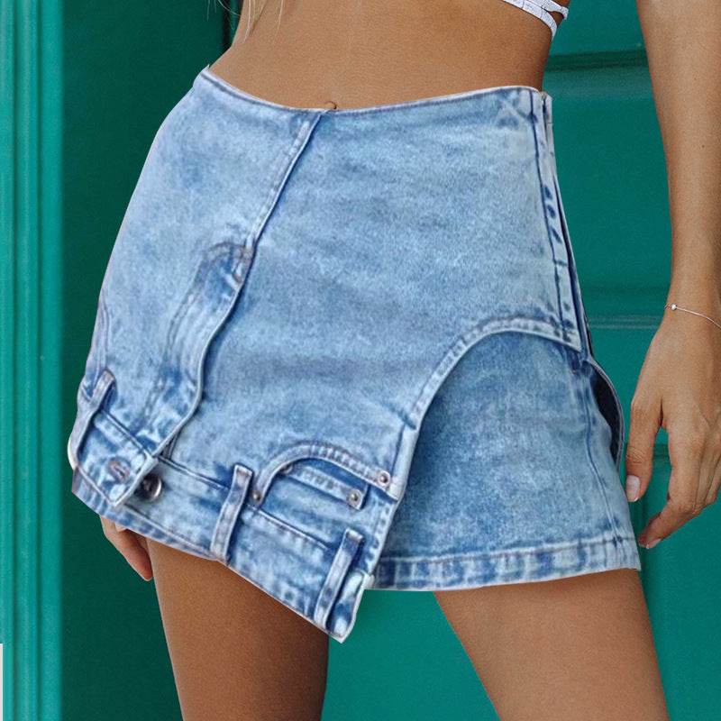 Short Irregular Solid Color Women's Denim High Street Mini Skirt Skort - Velora