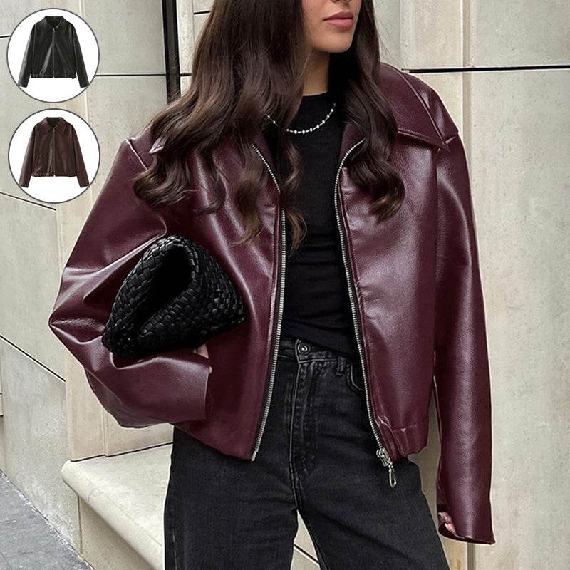 Solid Color Lapel Zipper Jacket Fashion Casual Long Sleeve Leather Coat Tops Women Clothing - Velora