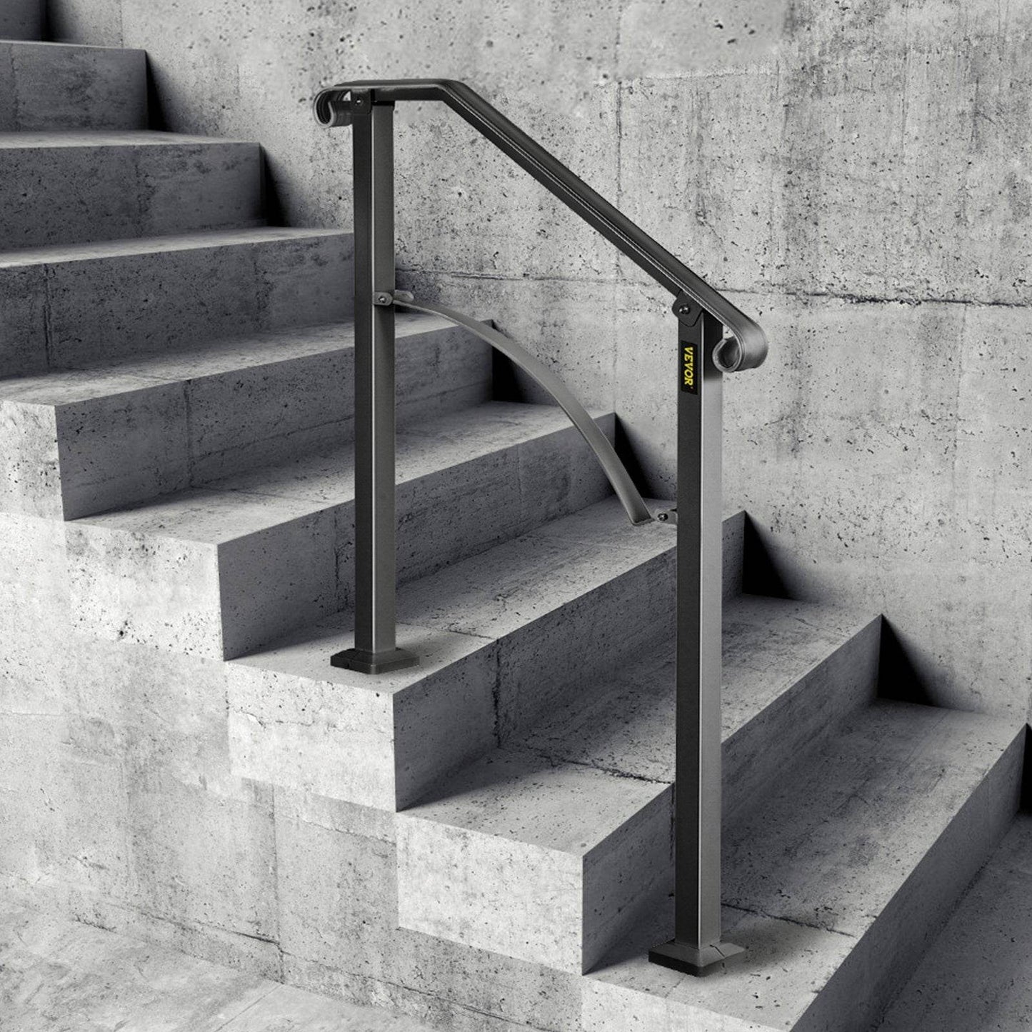 Handrails For Outdoor Steps, Fit 2 Or 3 Steps Outdoor Stair Railing, Arch 2 Wrought Iron Handrail, Flexible Porch Railing, Black Transitional Handrails For Concrete Steps Or Wooden Stairs - Velora