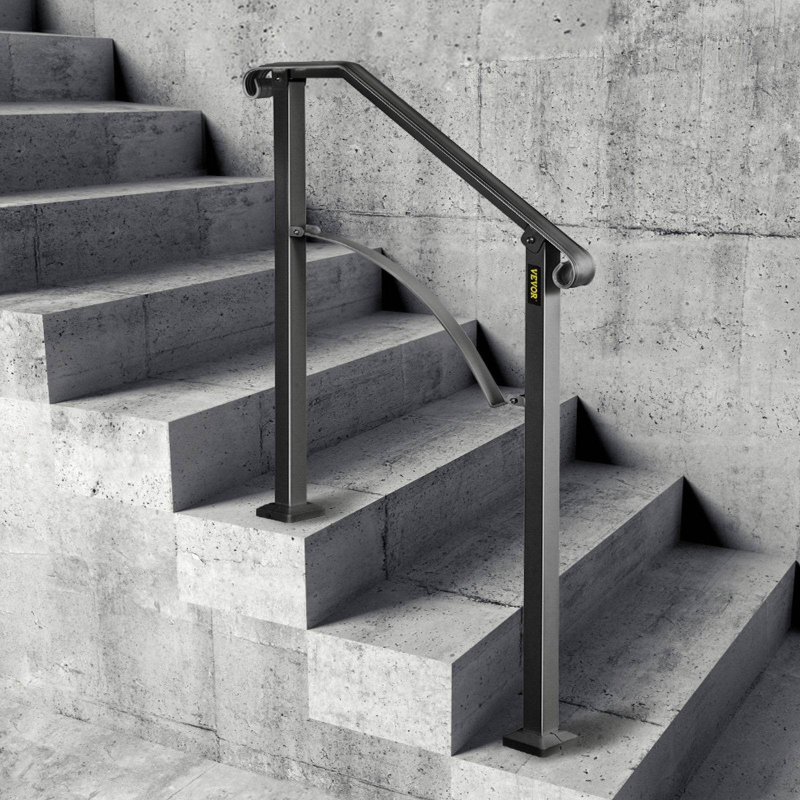 Handrails For Outdoor Steps, Fit 2 Or 3 Steps Outdoor Stair Railing, Arch 2 Wrought Iron Handrail, Flexible Porch Railing, Black Transitional Handrails For Concrete Steps Or Wooden Stairs - Velora