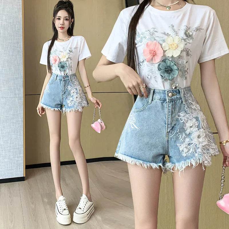 Exquisite Embroidered Flowers Denim Shorts For Women - Velora