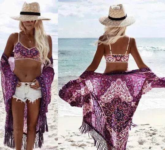 Chiffon Beach Resort Wear Purple Orientation Flower Beach Bikini - Velora