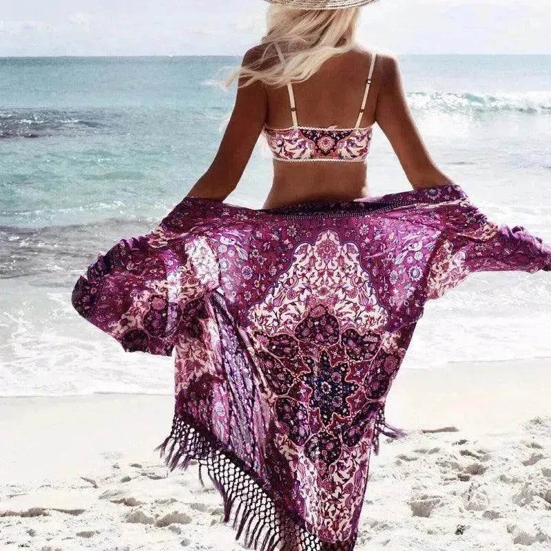 Chiffon Beach Resort Wear Purple Orientation Flower Beach Bikini - Velora