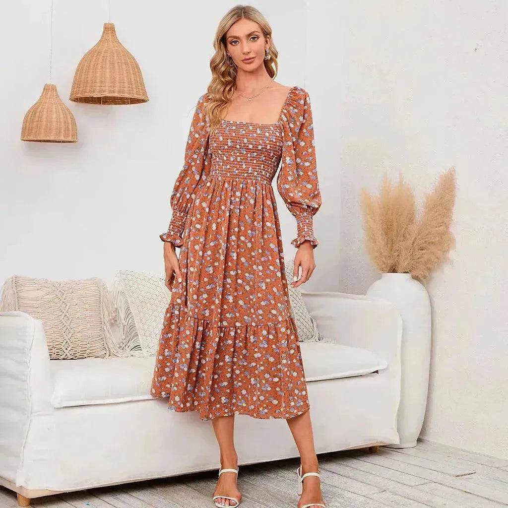 Chiffon European And American Square Collar Horn Printing Comfortable Floral Skirt - Velora