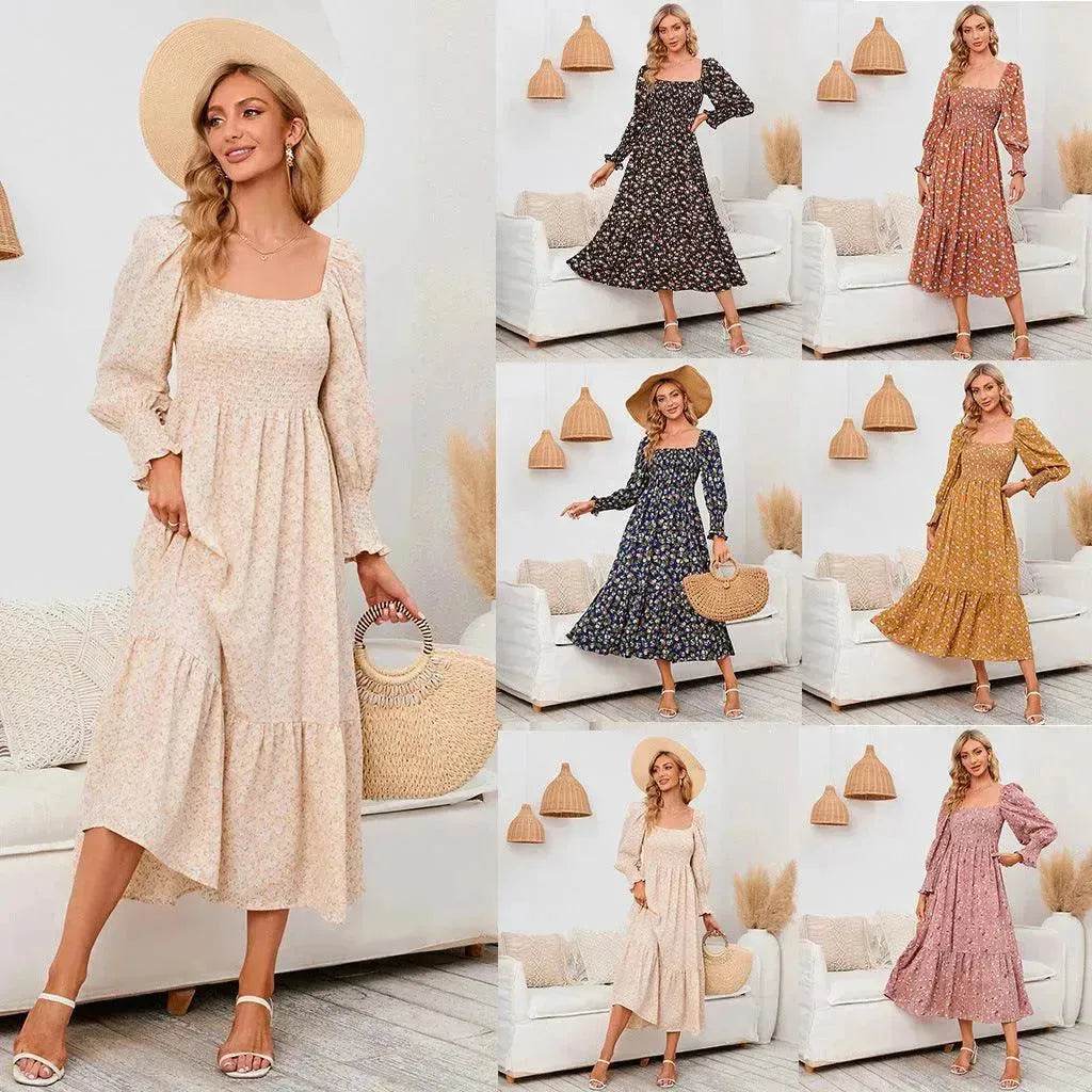 Chiffon European And American Square Collar Horn Printing Comfortable Floral Skirt - Velora