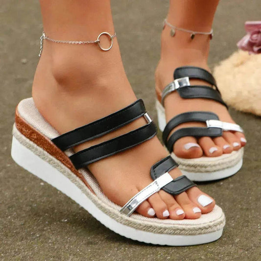 Colorblock-strap Wedges Sandals Summer Fashion Hemp Heel Slides Slippers Outdoor Thick Bottom Fish Mouth Shoes For Women - Velora
